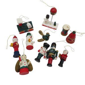 VINTAGE Lot of 11 Painted Wood Christmas Ornaments Santa Snowmen Angel Bell